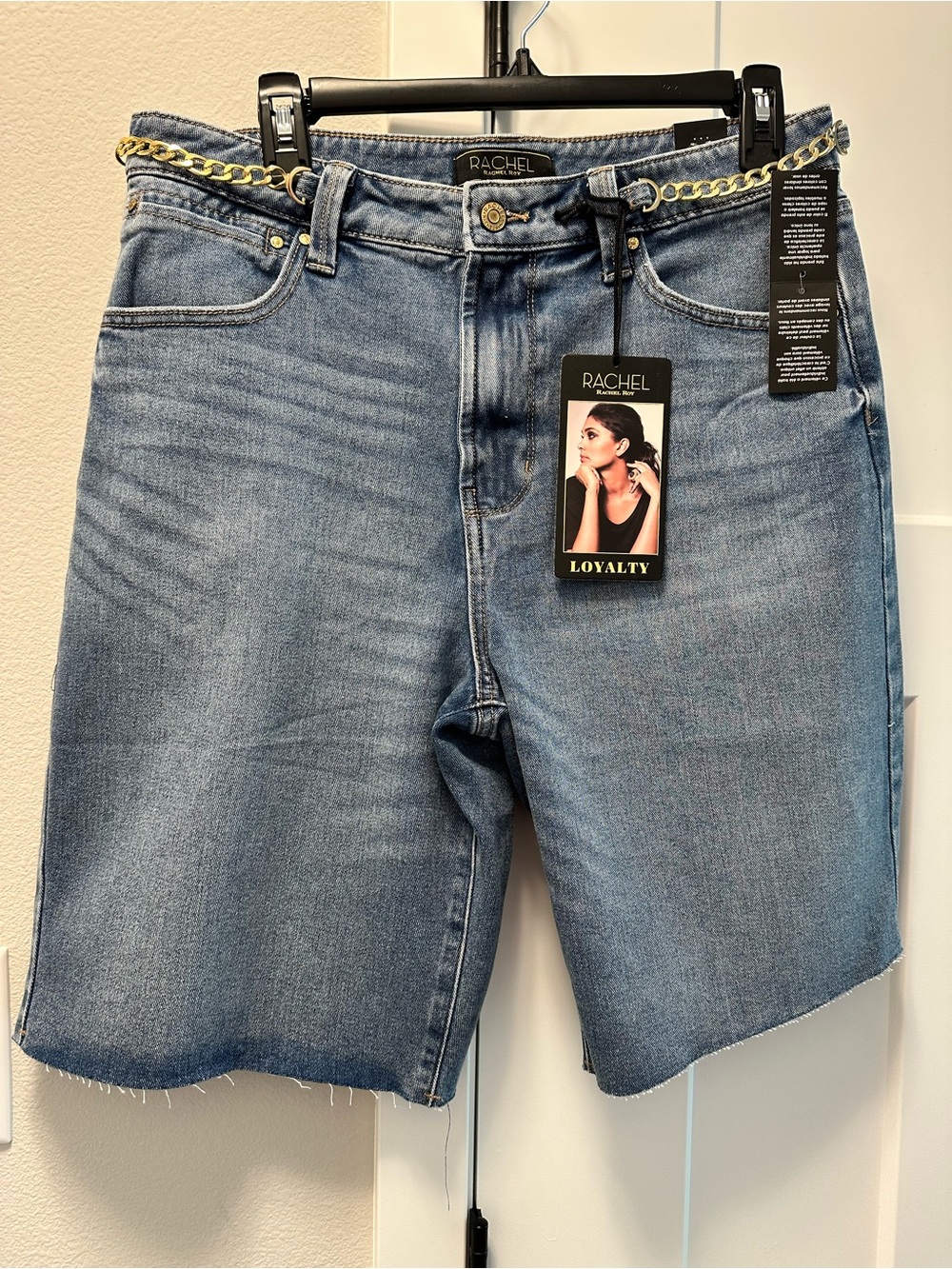 Rachel Roy High-Rise Light Wash Denim Bermuda Shorts with Chain Detail 10/30 NW